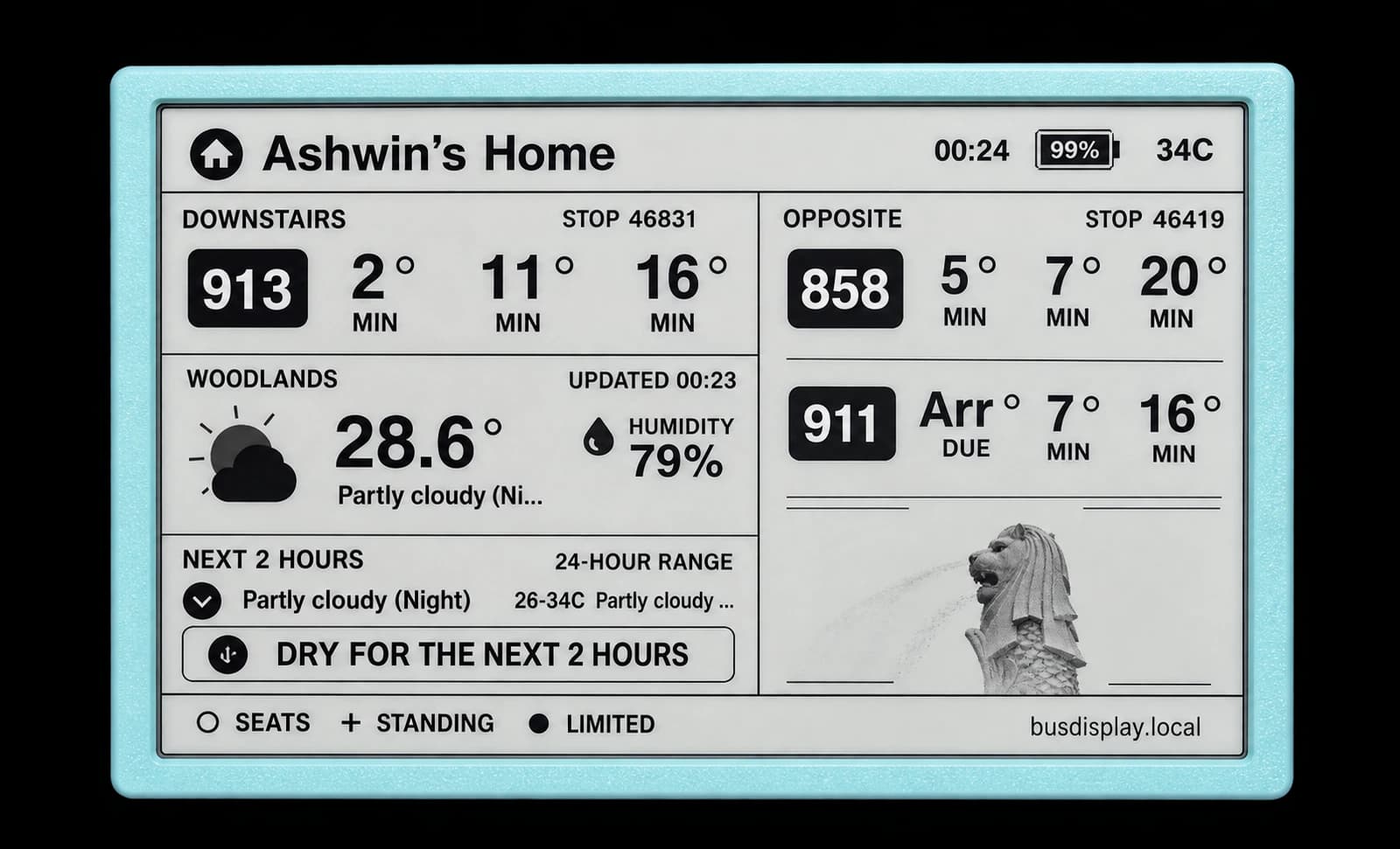 A turquoise-framed e-ink display showing Singapore bus arrivals, weather, and seat availability